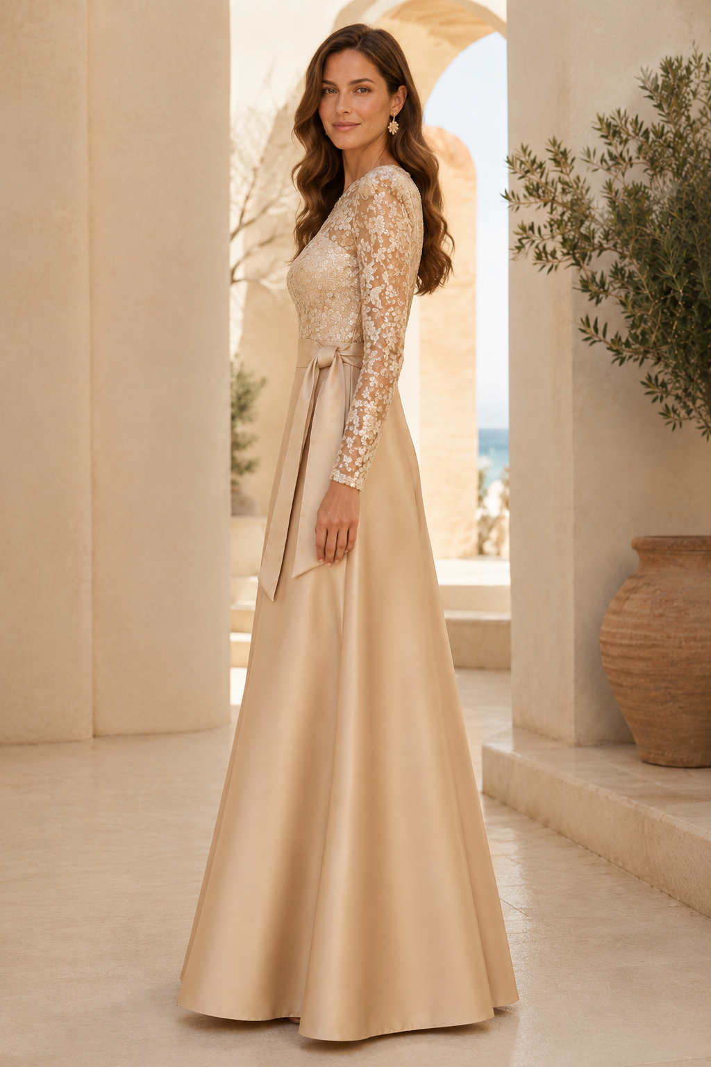 Vestido de Noche Acampanado de Encaje Floral y Manga Larga