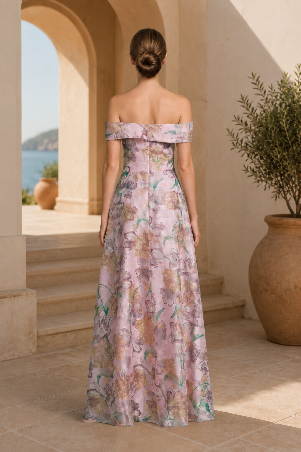 Vestido de Noche Acampanado con Hombros Descubiertos y Estampado Floral