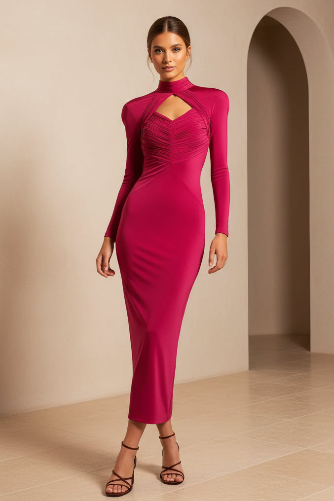 Vestido Midi Ajustado de Manga Larga con Cuello Alto y Abertura