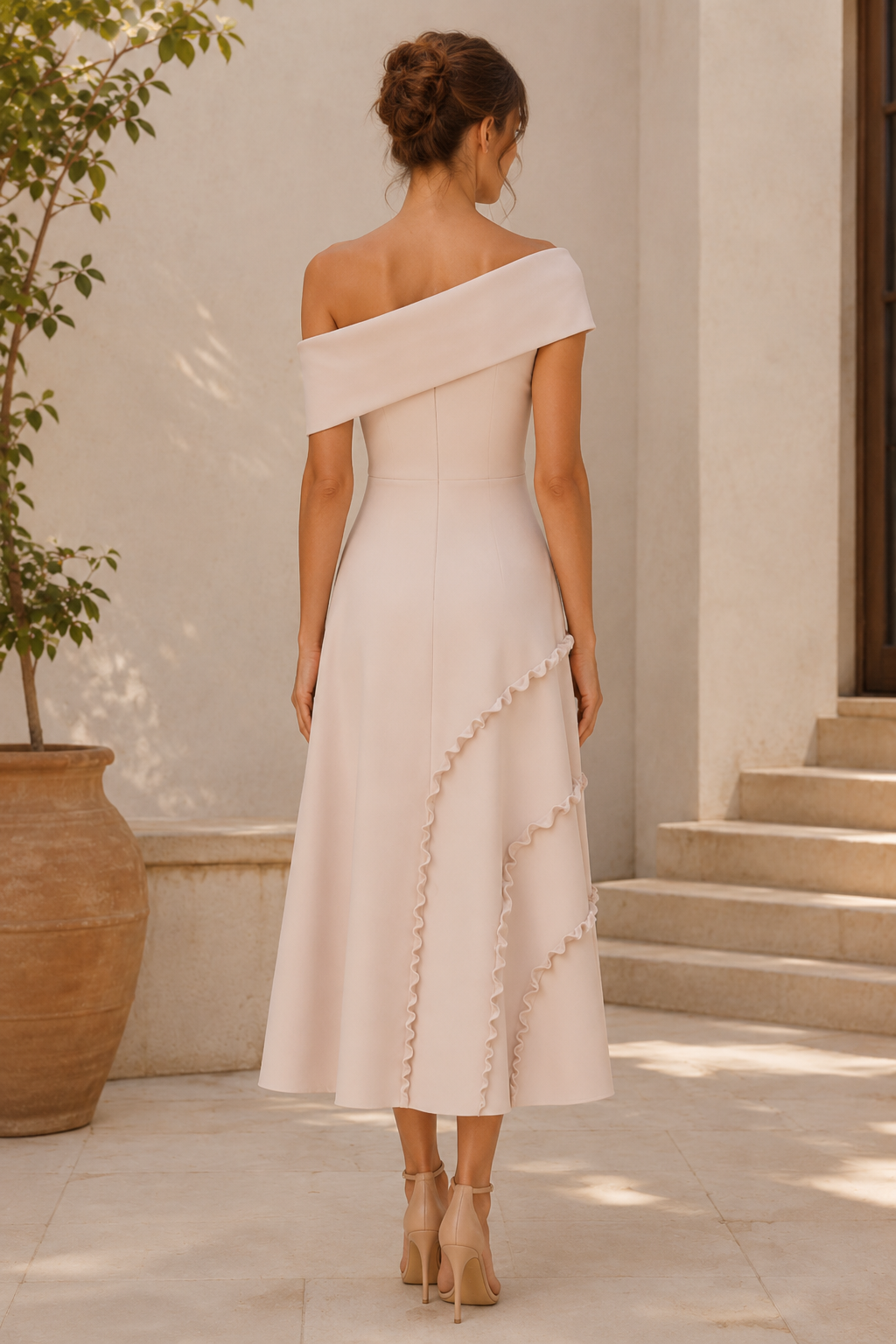 Vestido midi de escote asimétrico y costuras con volantes