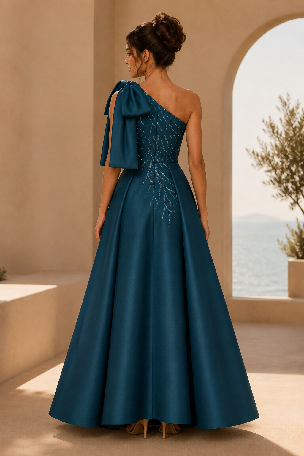 Vestido de Noche Acampanado con Lazo y Un Solo Hombro