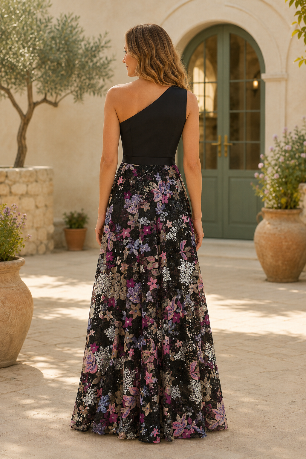 Vestido de noche de lentejuelas florales con un solo hombro