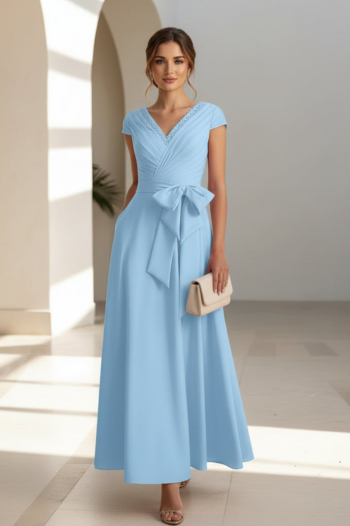Vestido midi formal con lazo fruncido, escote en V y manga casquillo