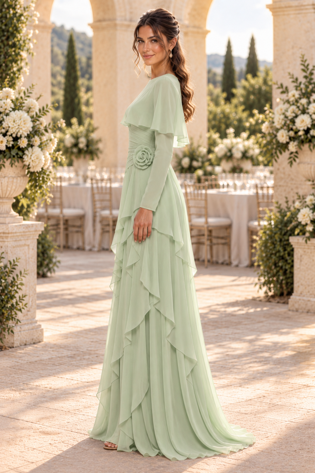 Tiered Maxi Dress with Capelet and Flower