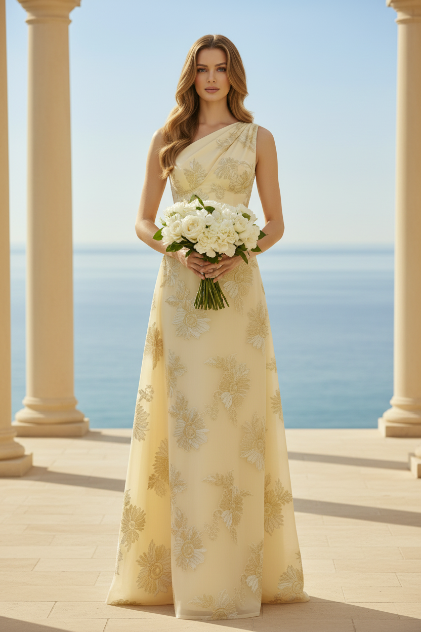 Vestido de noche acampanado de jacquard floral con un solo hombro