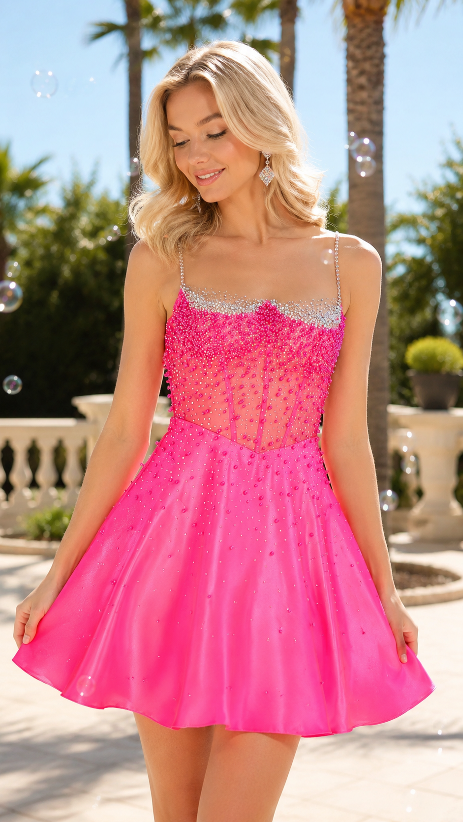 Vestido de regreso a casa con corsé ilusión y perlas