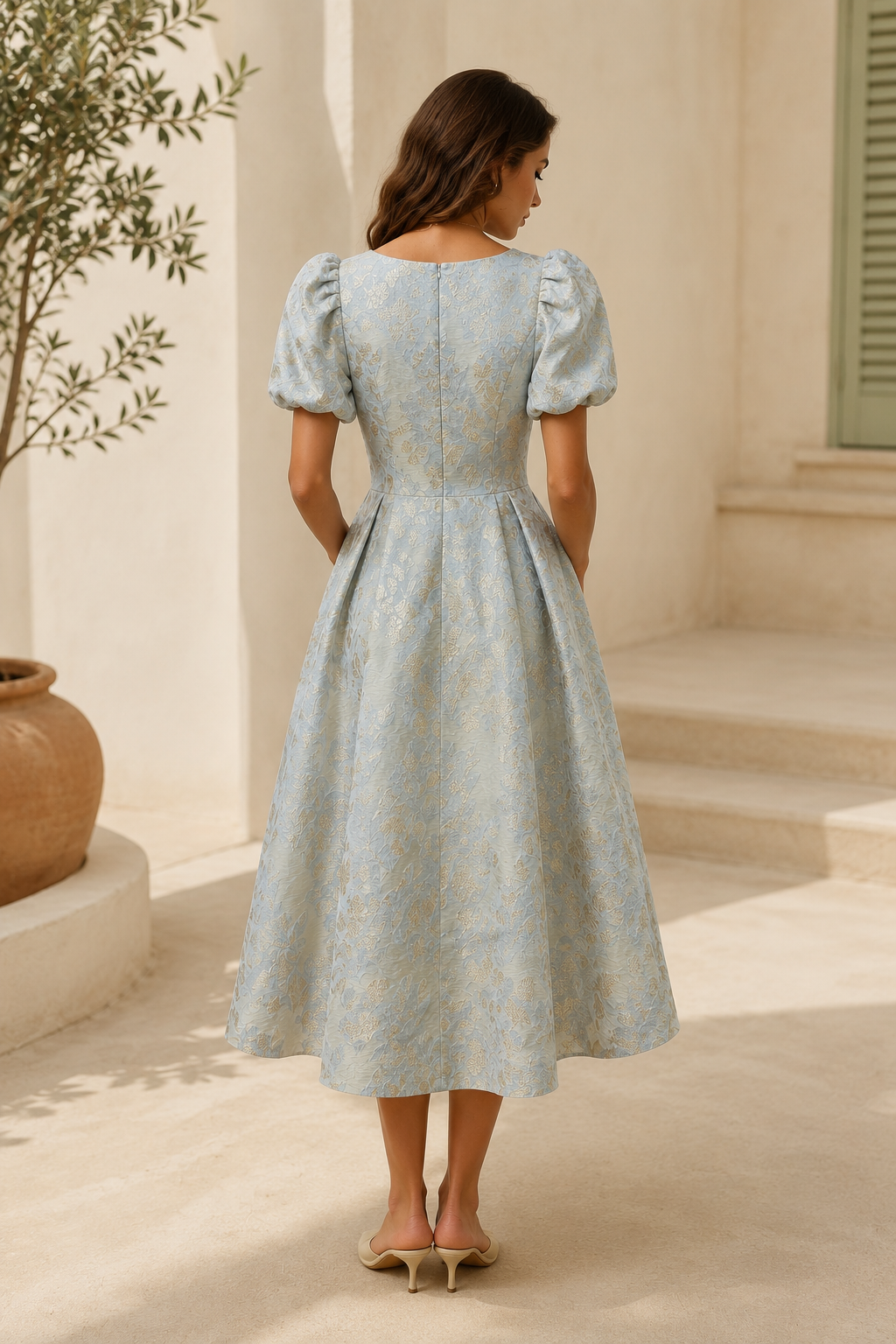 Vestido Midi Jacquard con Mangas Abullonadas y Bolsillos