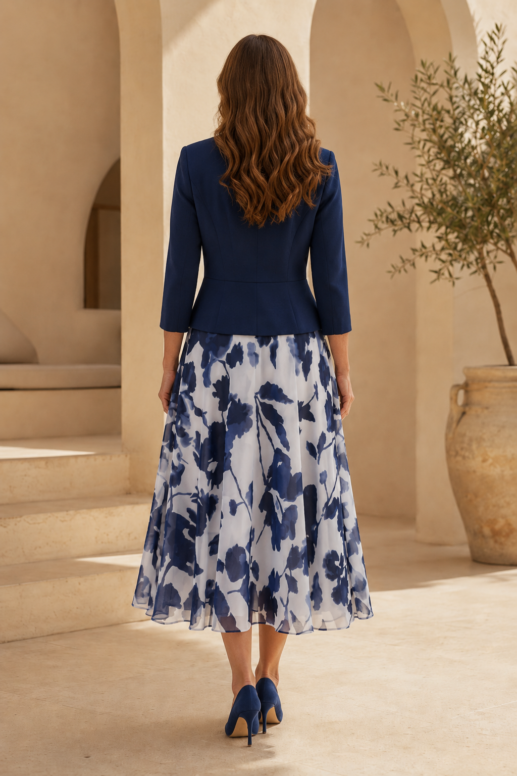 Conjunto de Vestido Floral Midi y Chaqueta Peplum
