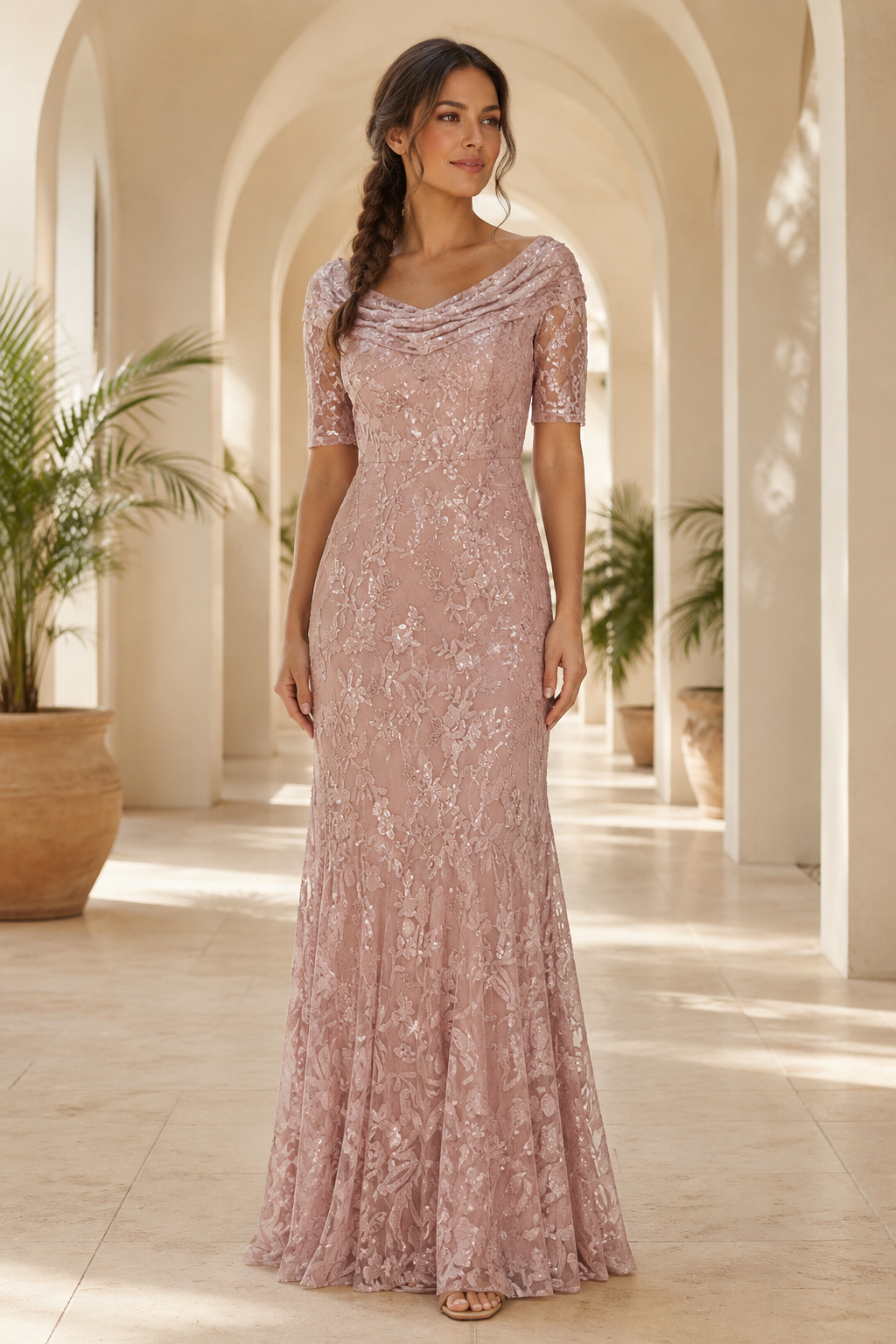 Vestido de noche de sirena de encaje con cuello vuelto