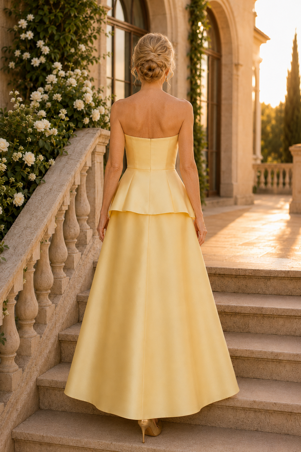 Vestido de Noche A-Line con Peplum y sin Tirantes