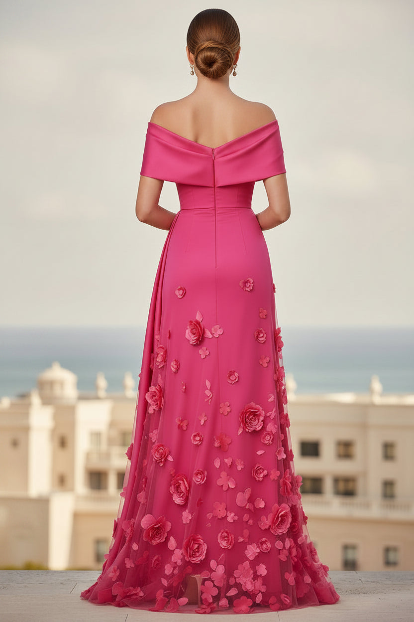 Vestido de noche con apliques florales y escote Bardot