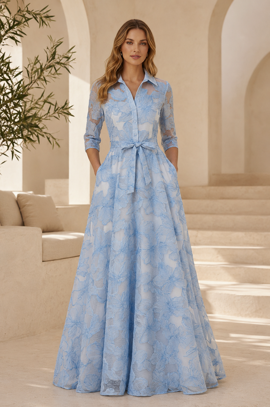 Vestido con cuello floral y corte A con mangas 3/4