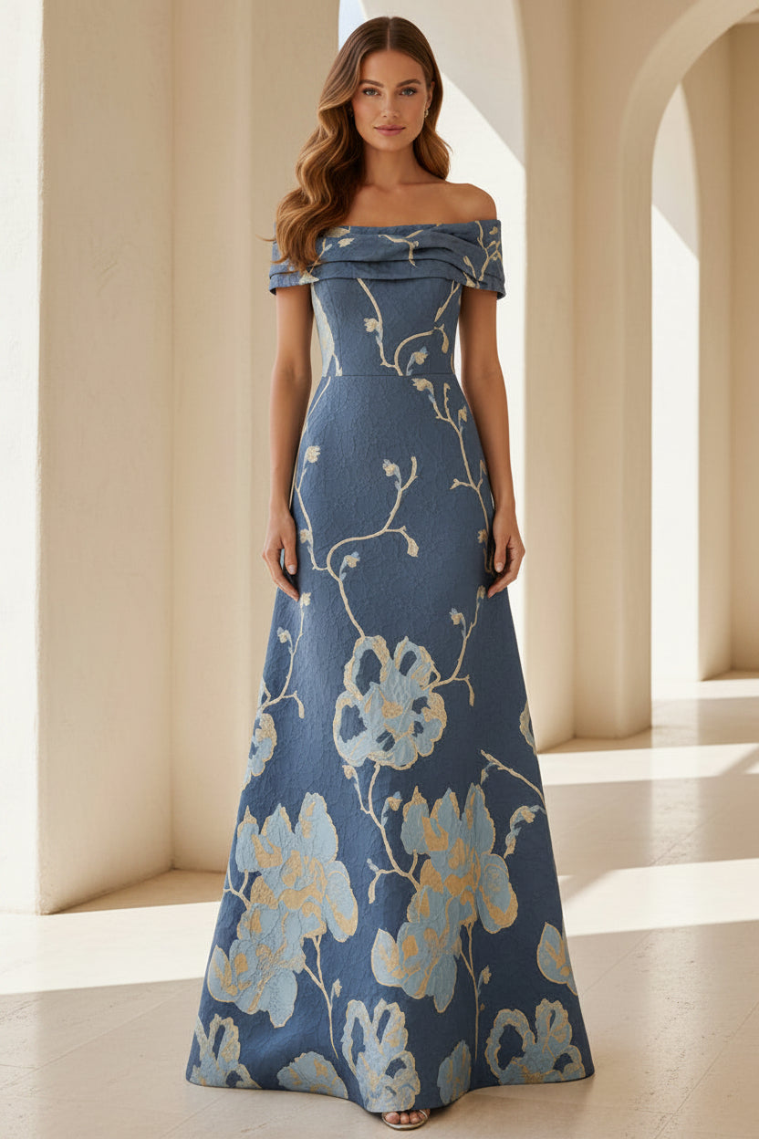 Vestido de noche de jacquard floral con hombros descubiertos