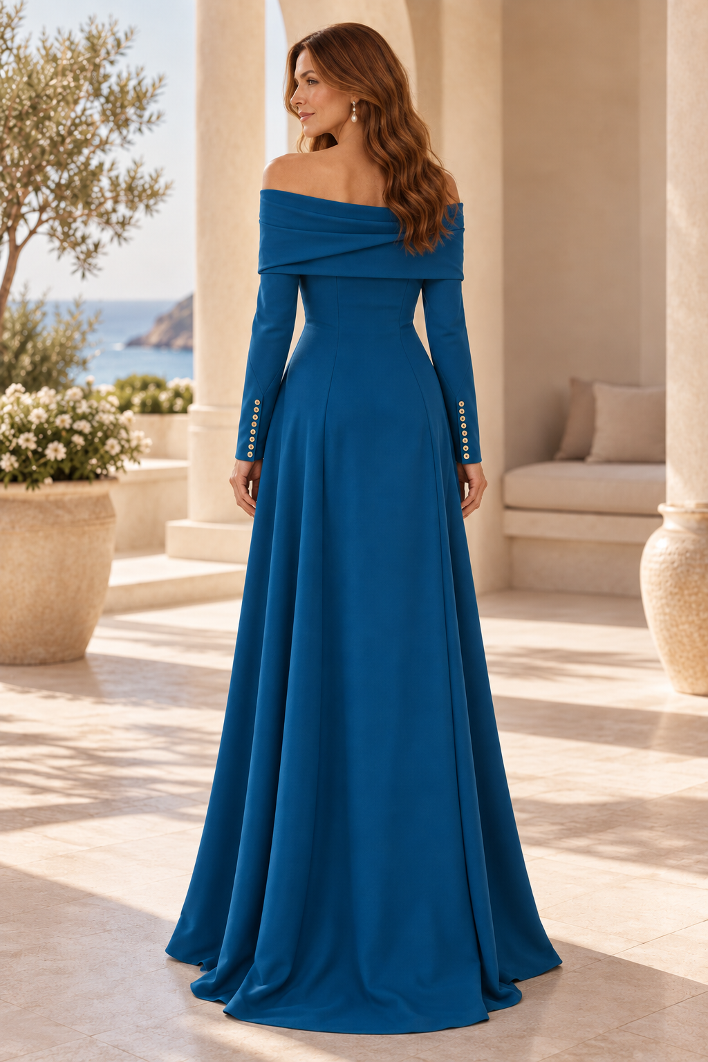 Off-the-Shoulder Long Sleeve High-Low A-Line Gown