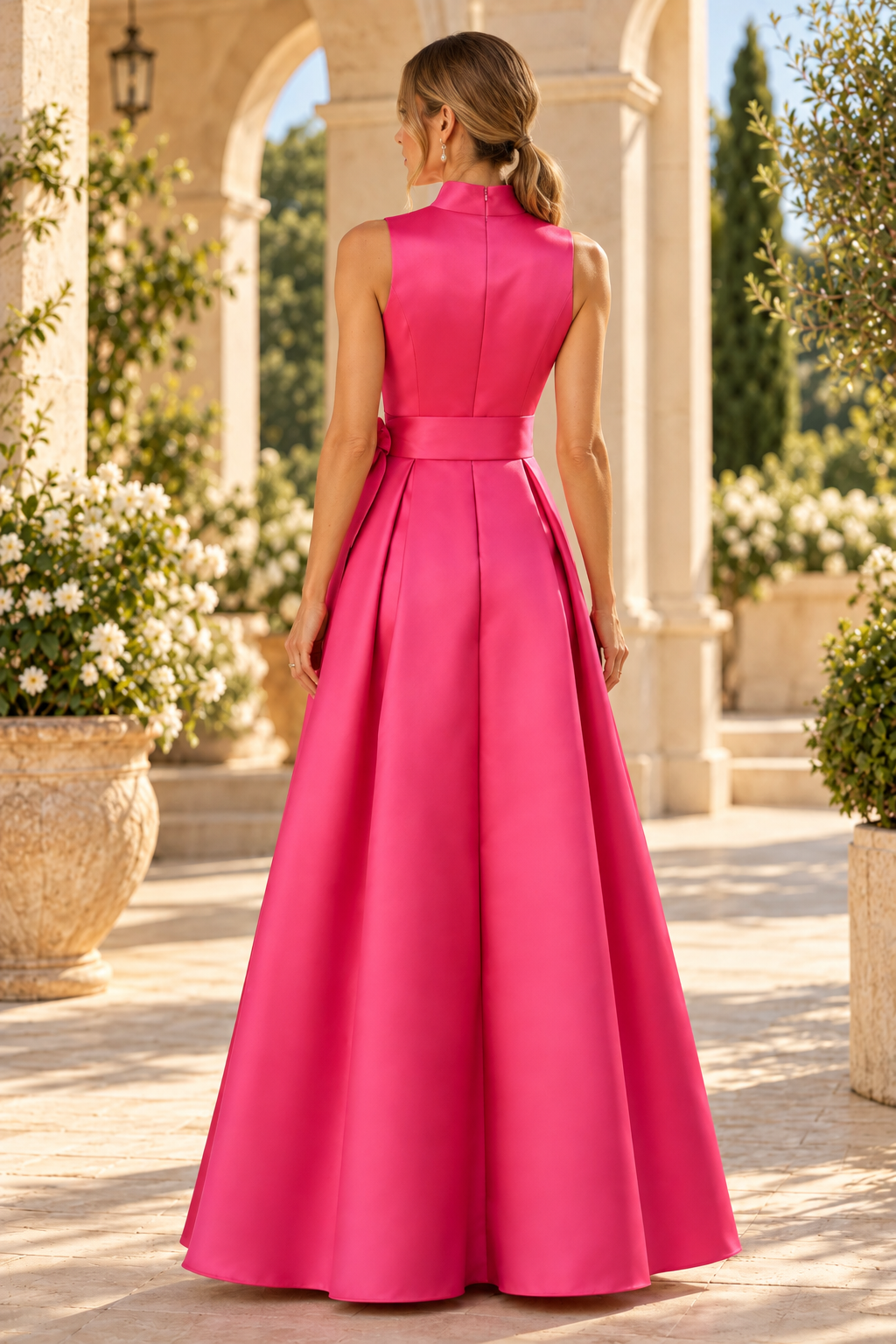 A-Line Satin Gown with Mandarin V-Neck & Bow