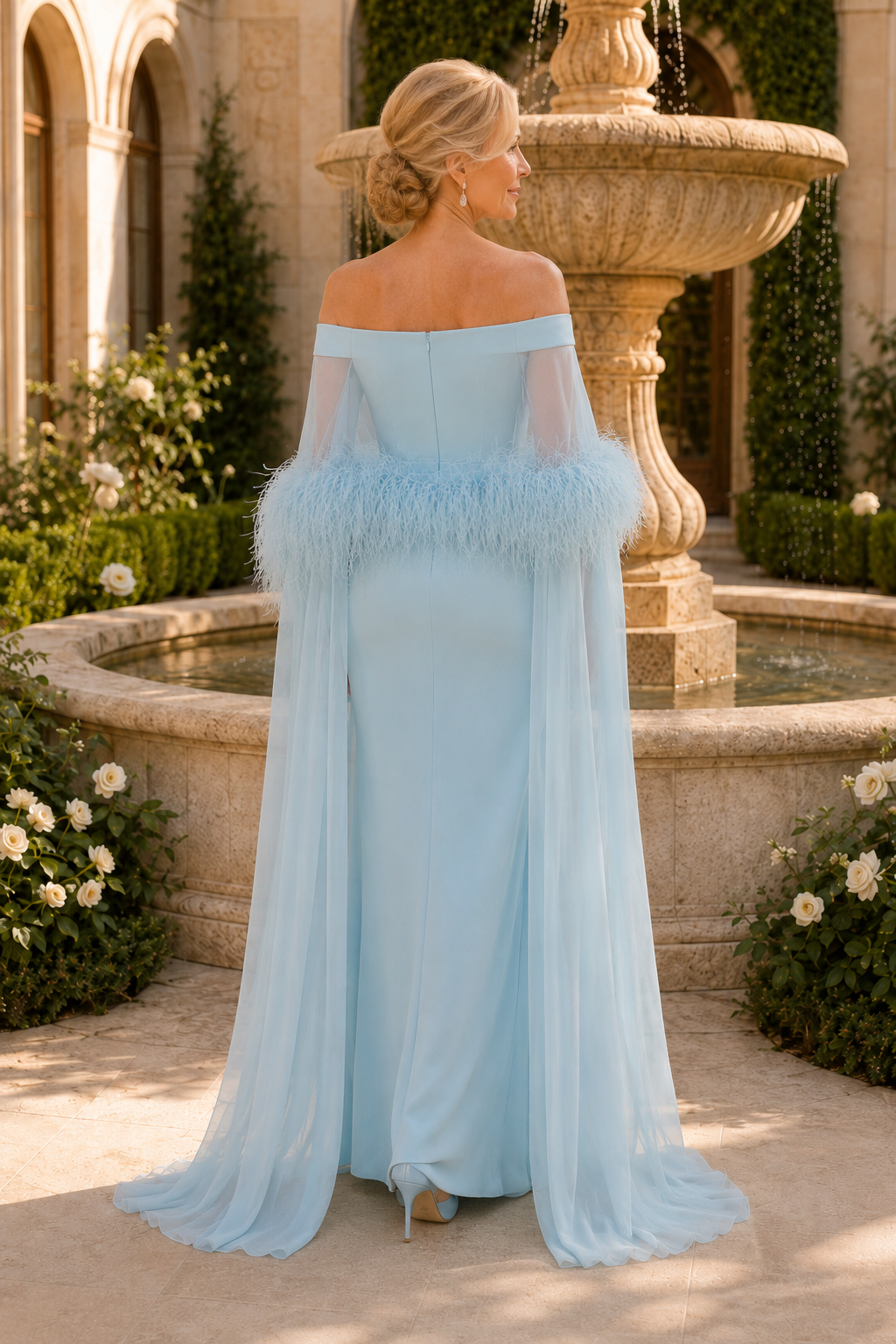 Vestido de noche con capa con ribete de plumas y hombros descubiertos
