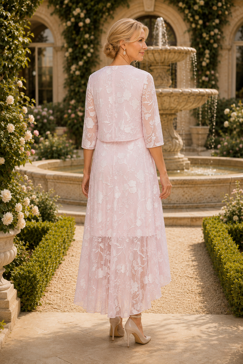 Vestido alto-bajo de encaje floral con chaqueta torera