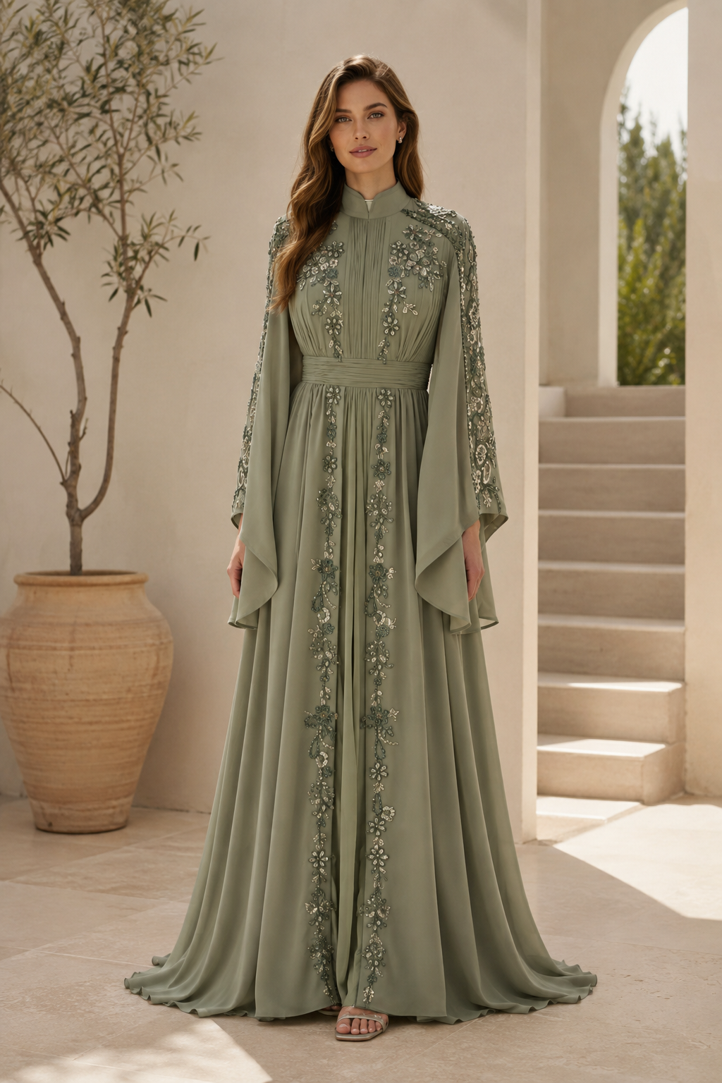 Vestido de gasa con cuello alto, mangas acampanadas y adornos