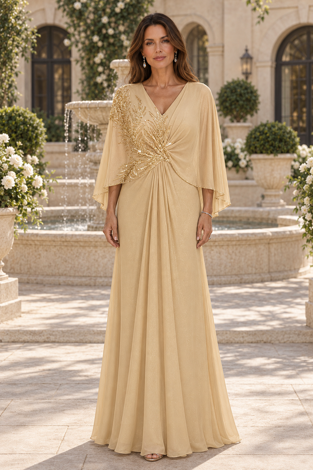 Vestido de noche largo hasta el suelo con capa corta de abalorios y corte en A