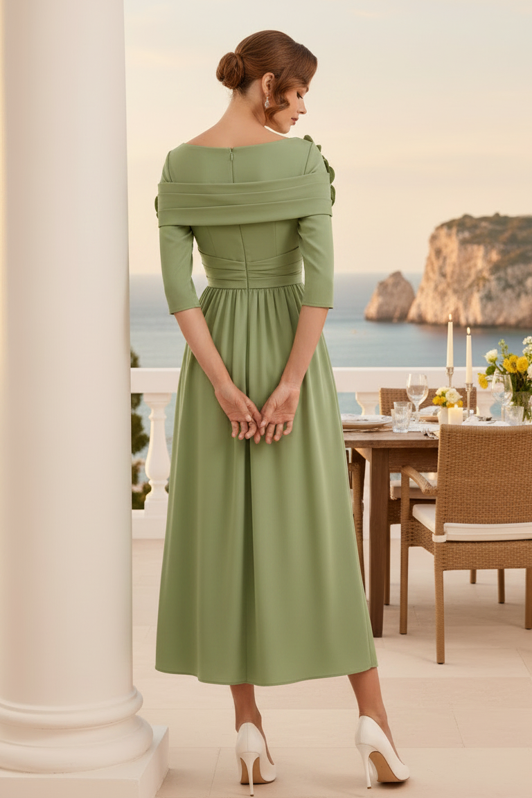 Vestido midi de cuello barco y manga francesa con flores 3D