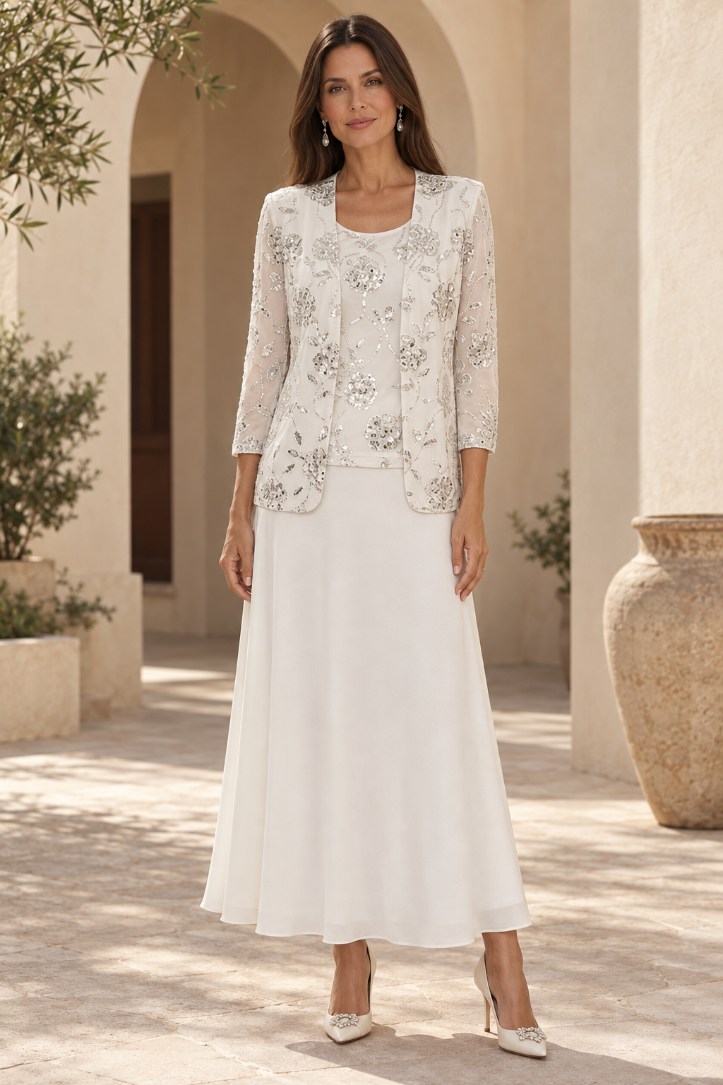 Sequin Floral Bodice Dress with 3/4 Sleeve Jacket