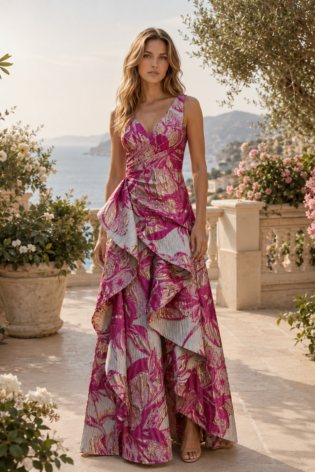 Vestido de noche acampanado con volantes en cascada de tejido floral metálico