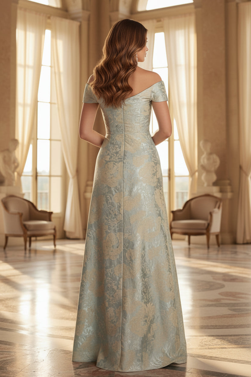 Vestido de noche acampanado jacquard con hombros descubiertos