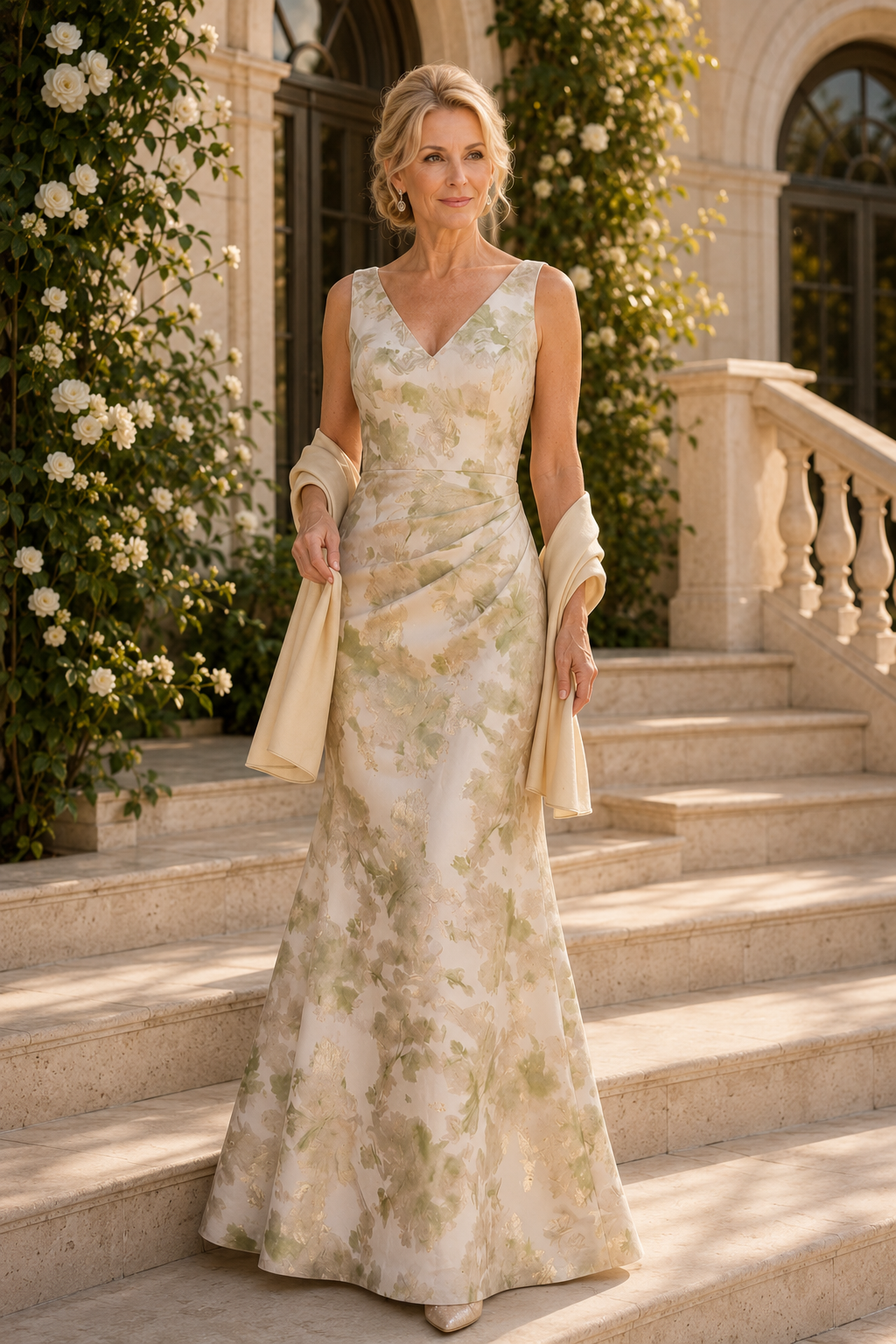 Vestido de gala formal sin mangas de jacquard con estampado floral