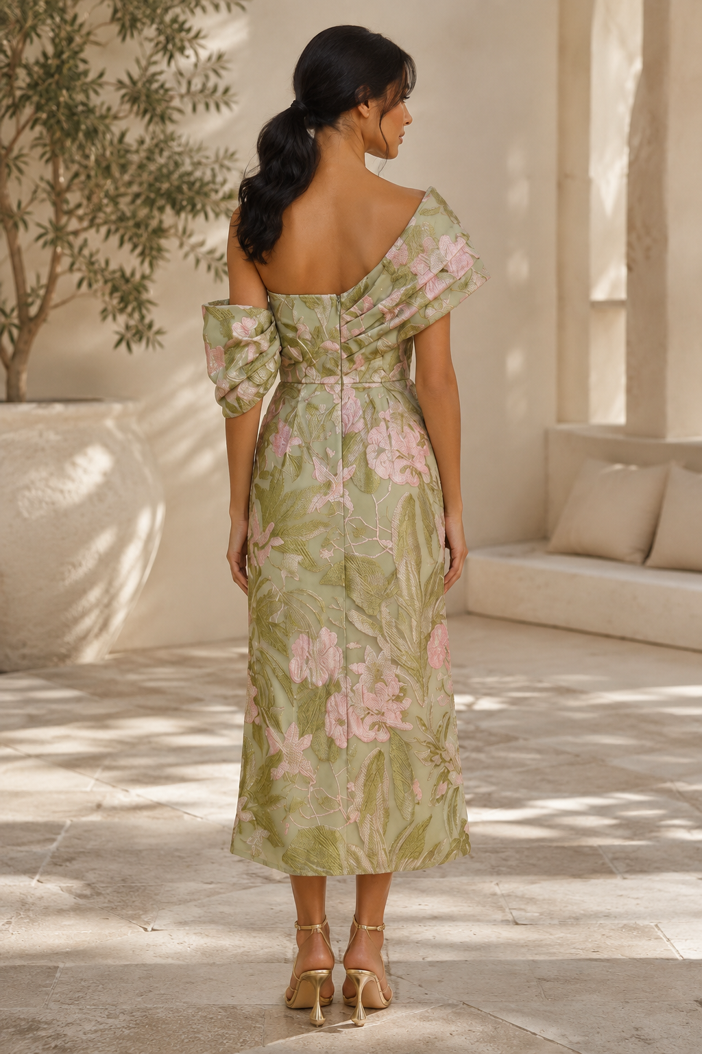 Vestido midi jacquard floral de un solo hombro, corpiño drapeado