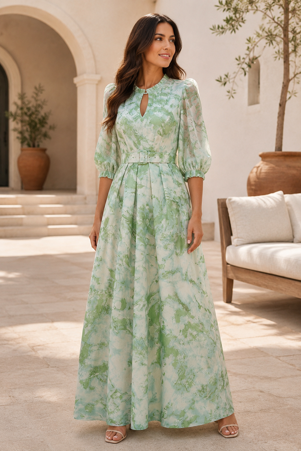 Elegante vestido maxi estampado con ojo de cerradura y corte en A