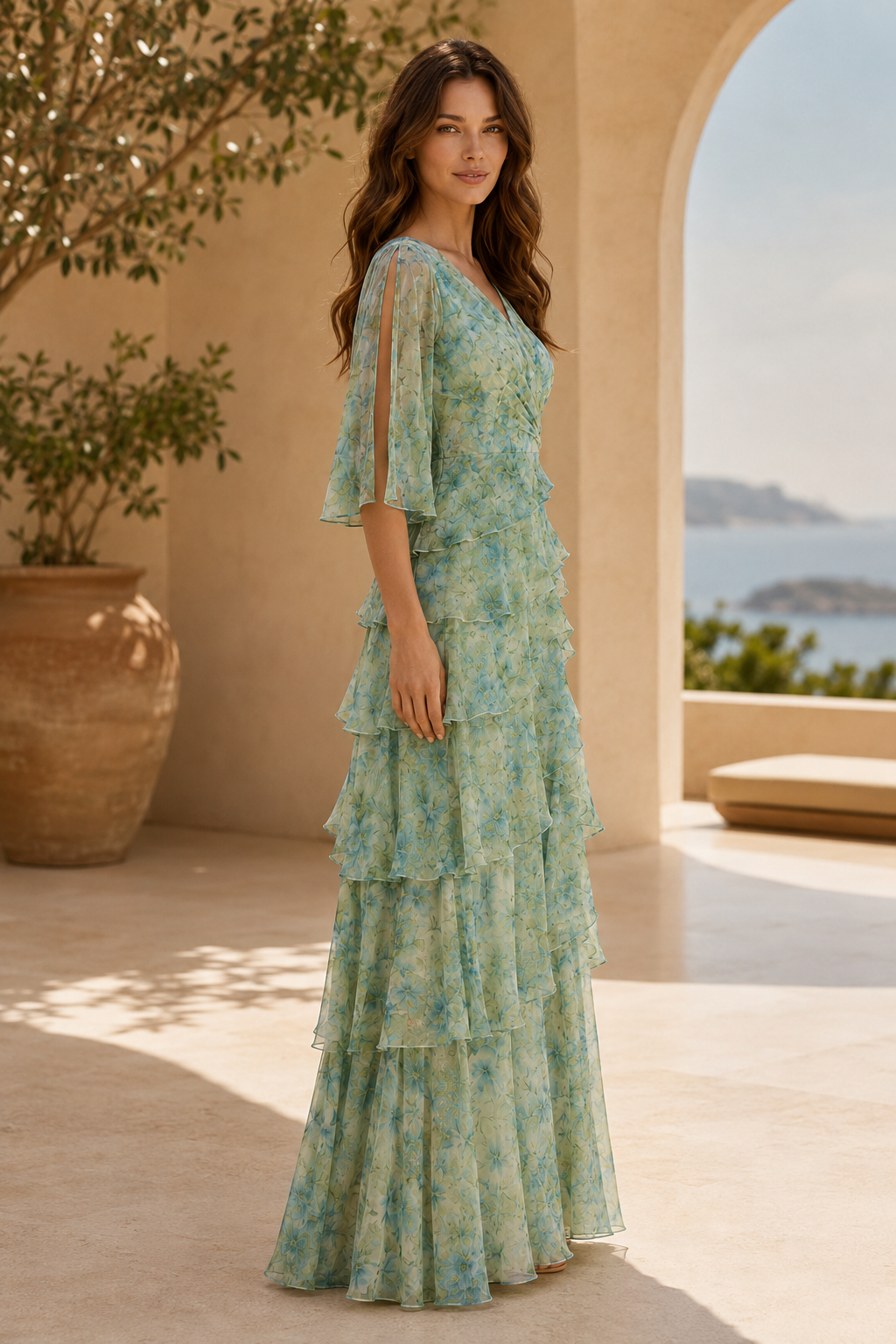 Vestido maxi floral con volantes y mangas con volantes