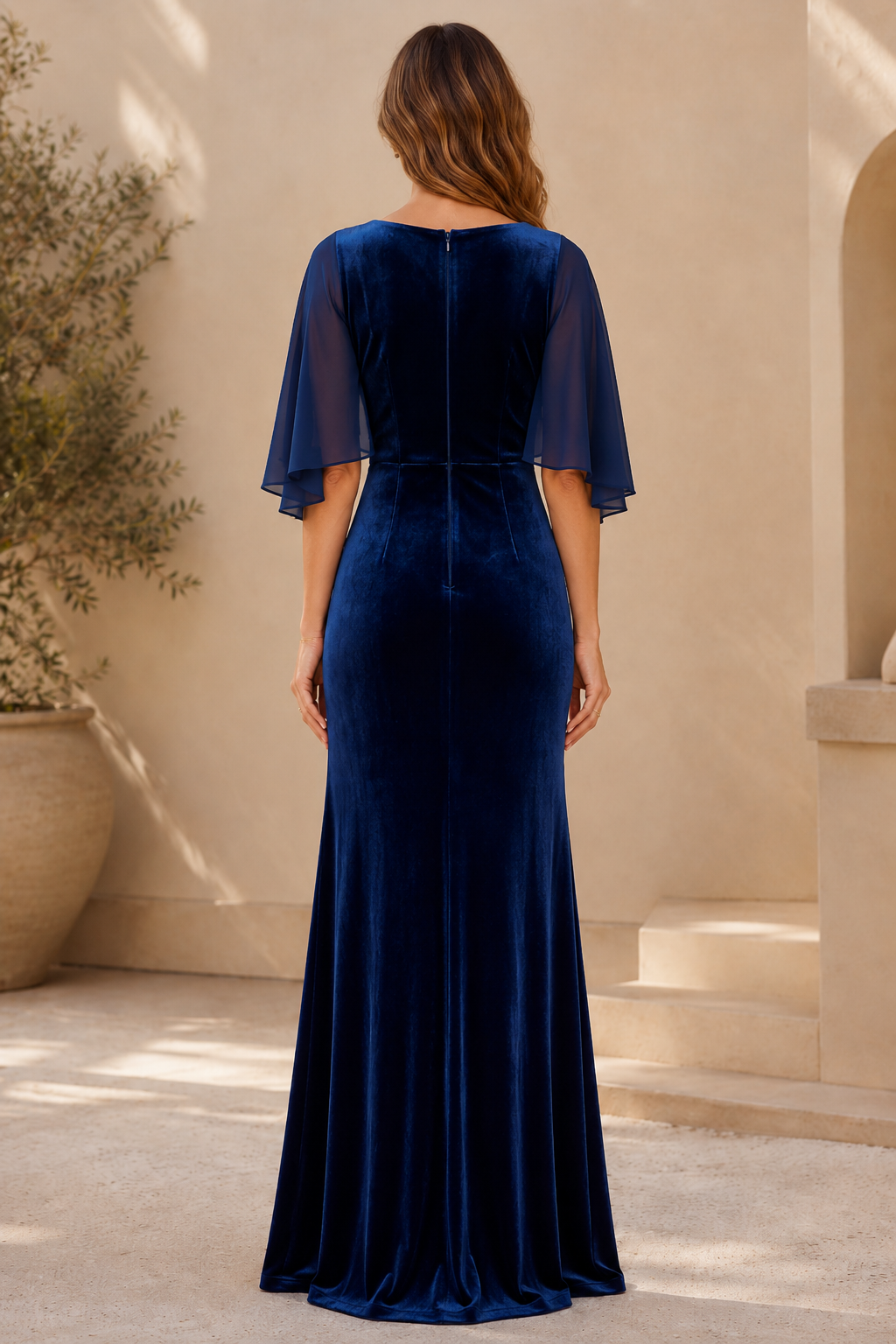 Vestido de noche de terciopelo con escote en V y mangas con volantes