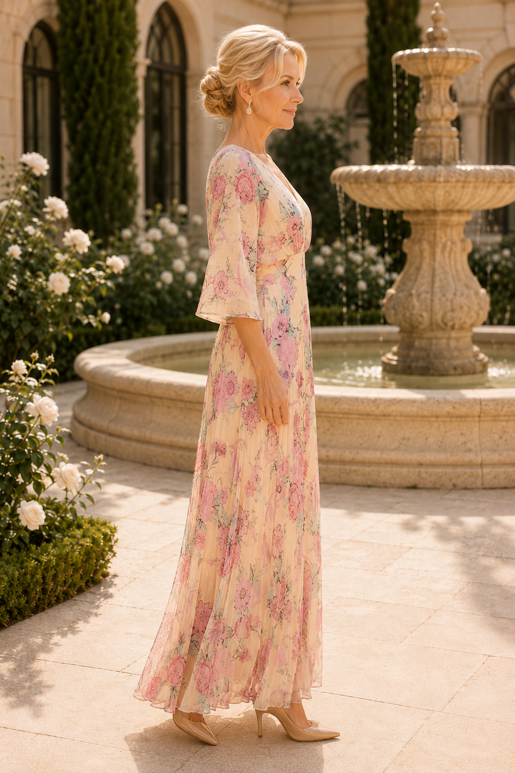 Vestido Maxi Plisado con Estampado Floral y Mangas Acampanadas