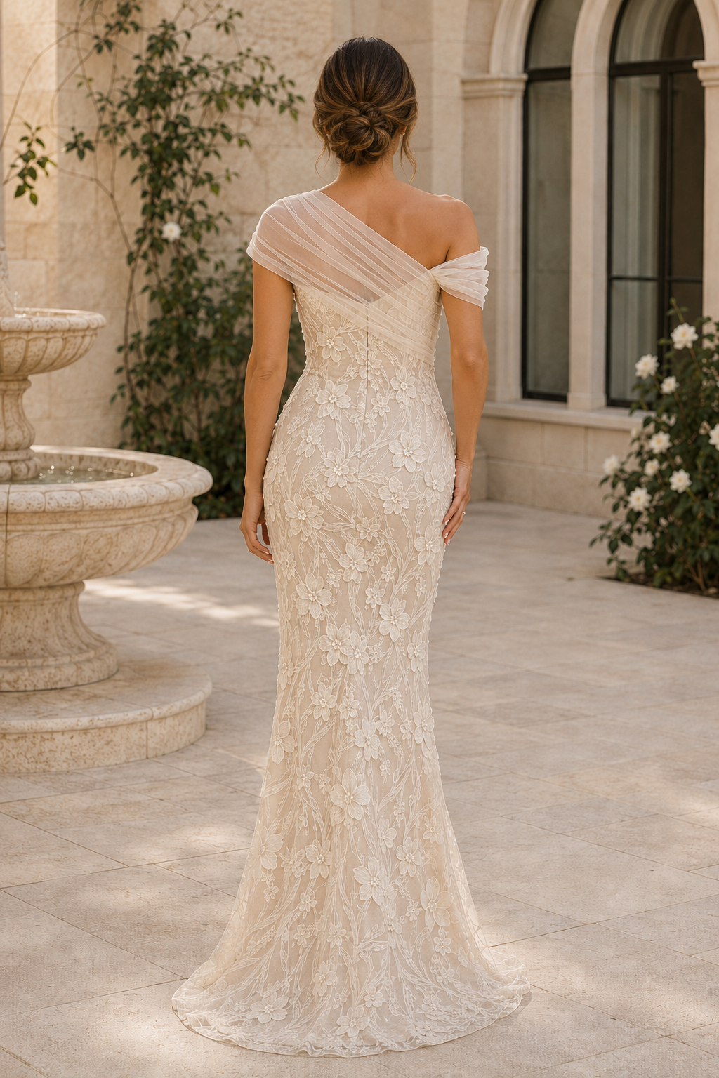 Vestido de noche estilo sirena con encaje floral 3D y un solo hombro