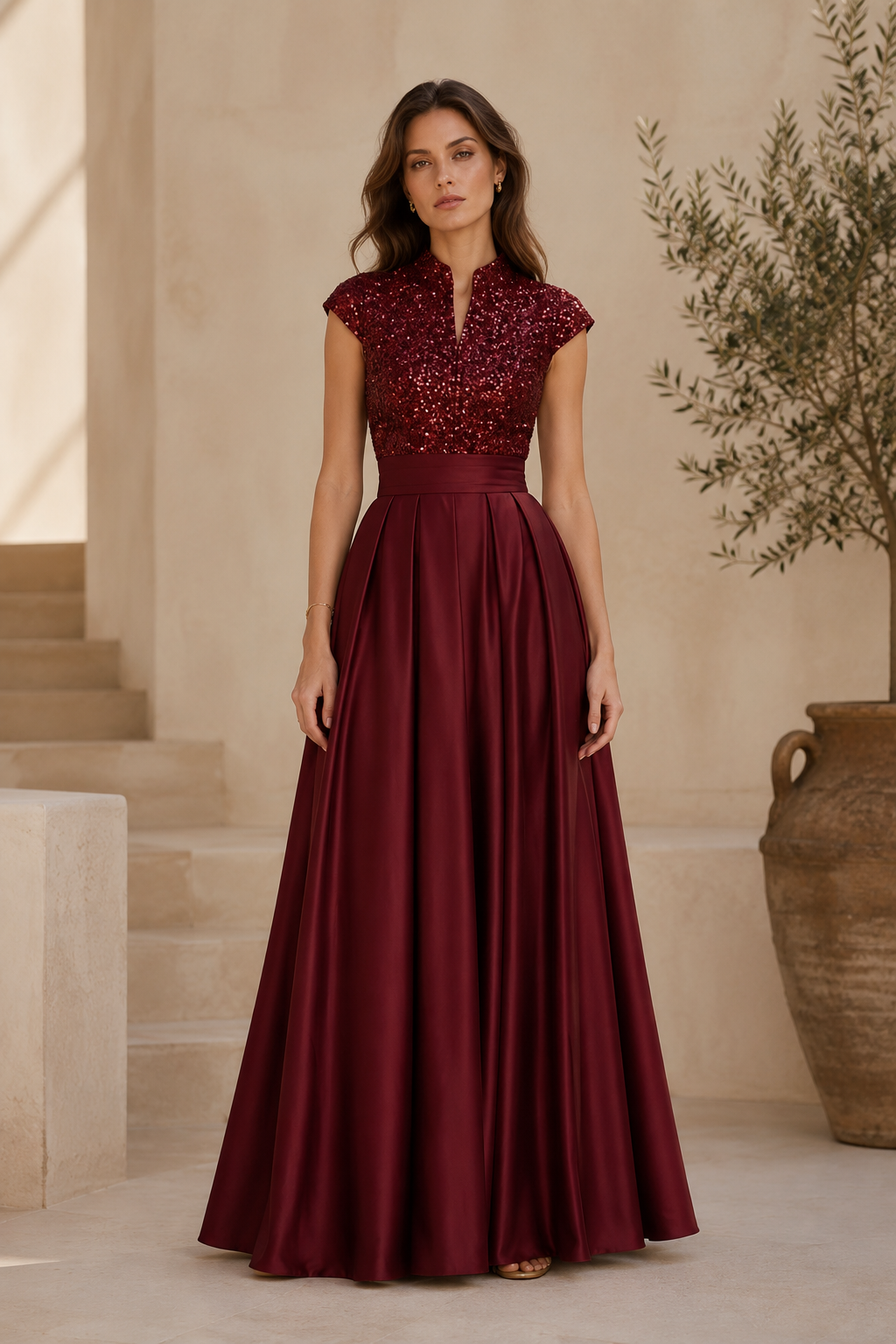 Vestido de satén plisado línea A con corpiño de lentejuelas