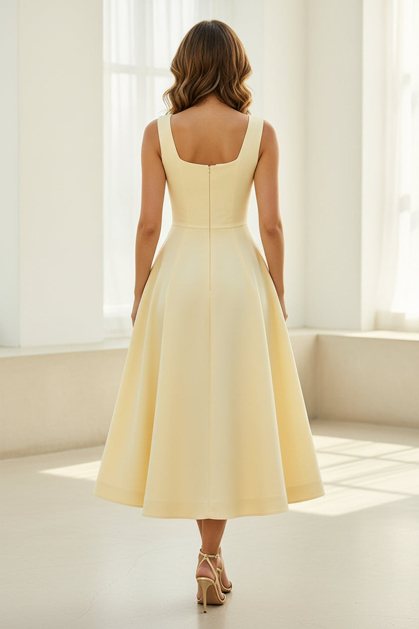 Vestido midi de cuello cuadrado con apliques florales