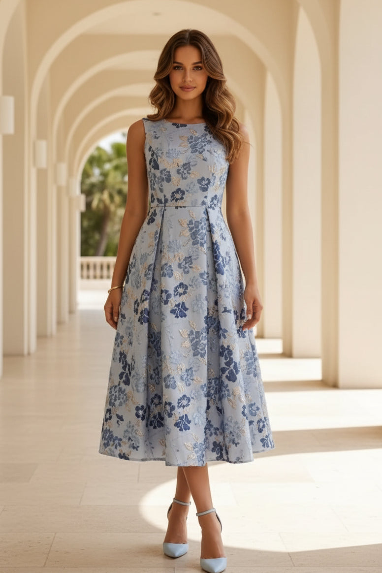 Vestido midi acampanado sin mangas de jacquard floral