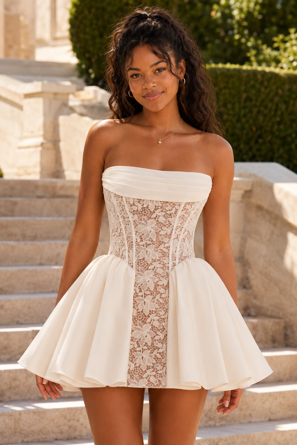 Minivestido sin tirantes ajustado con corsé y encaje