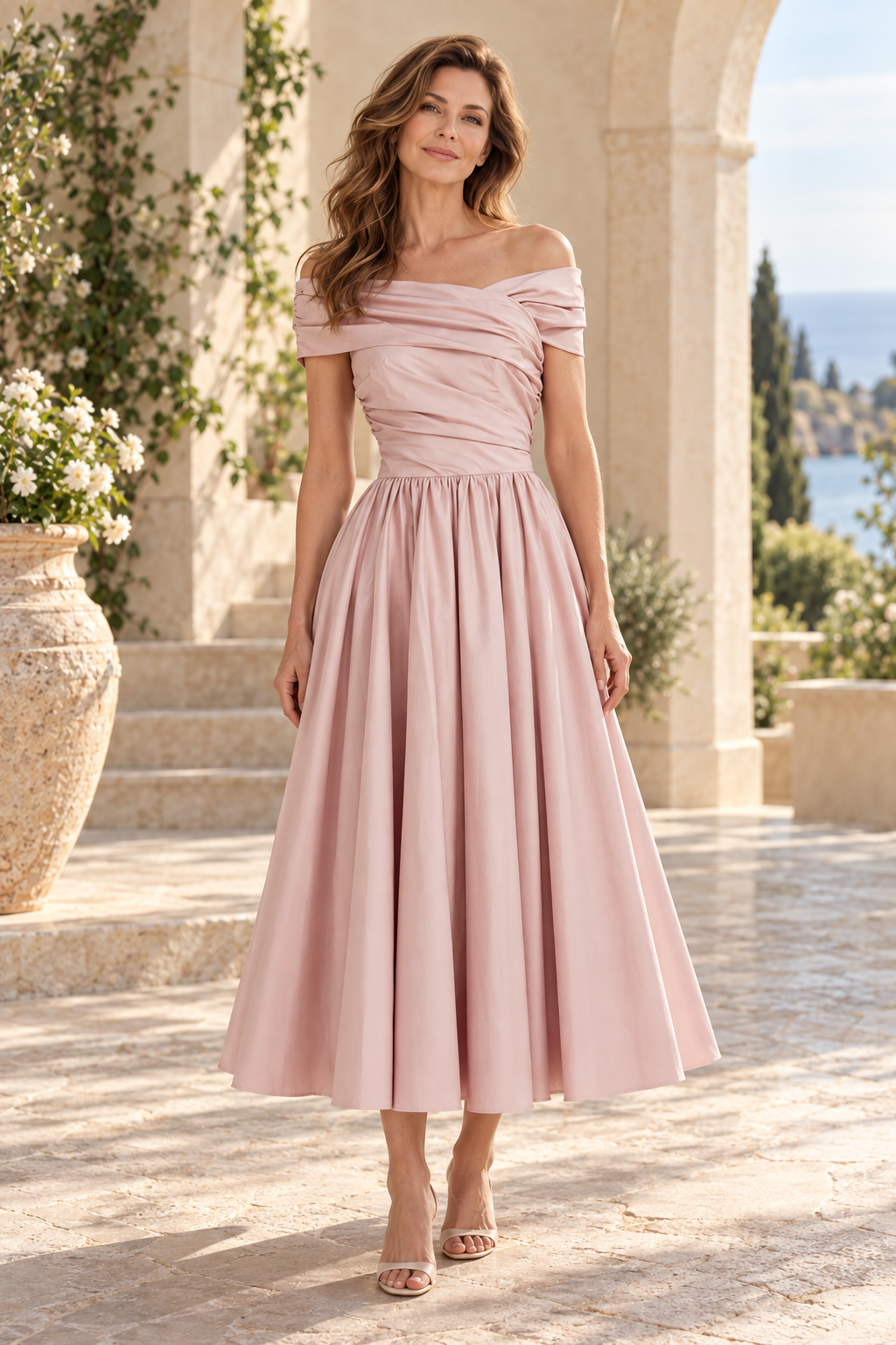 Off-the-Shoulder Ruched Bodice Tea-Length Dress
