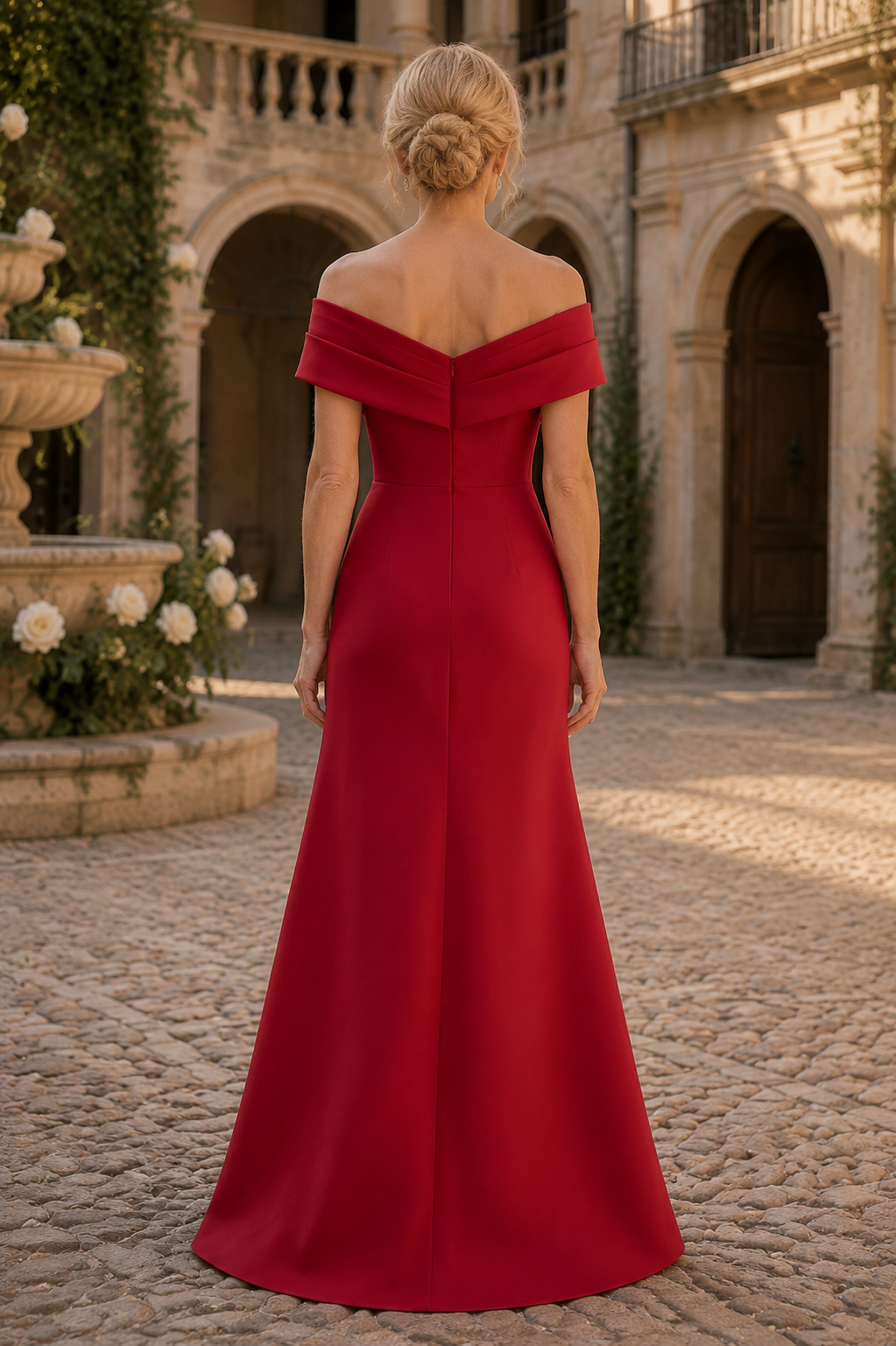 Vestido plisado con broche y hombros descubiertos