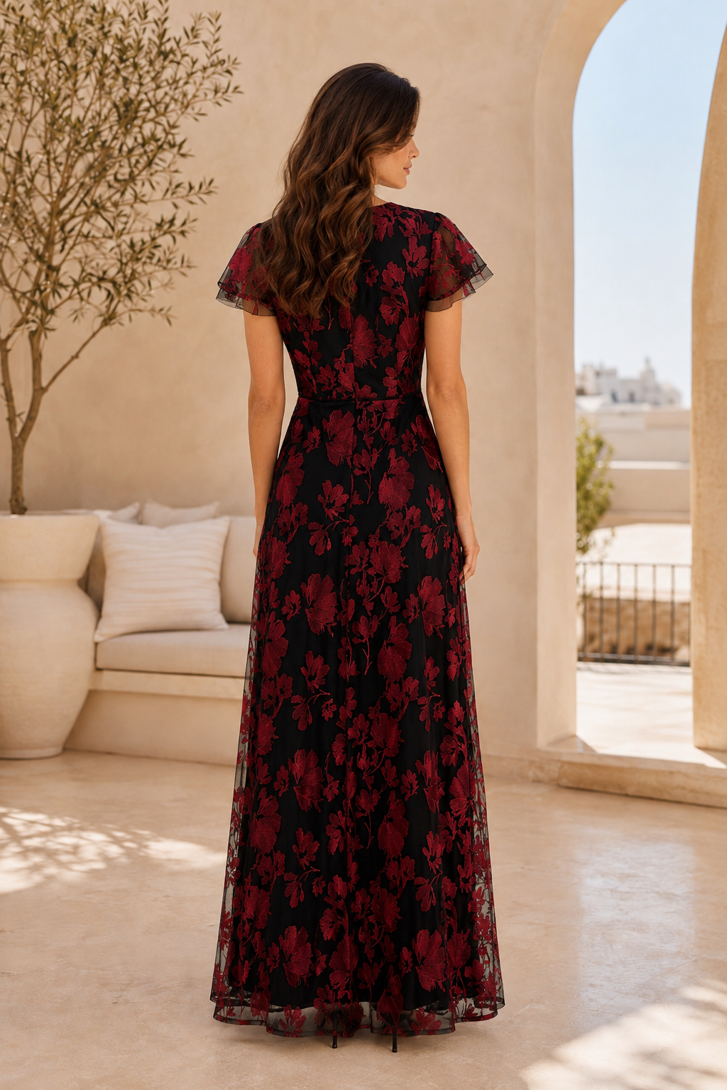 Vestido de Noche Largo con Estampado Floral, Manga Flutter y Escote en V