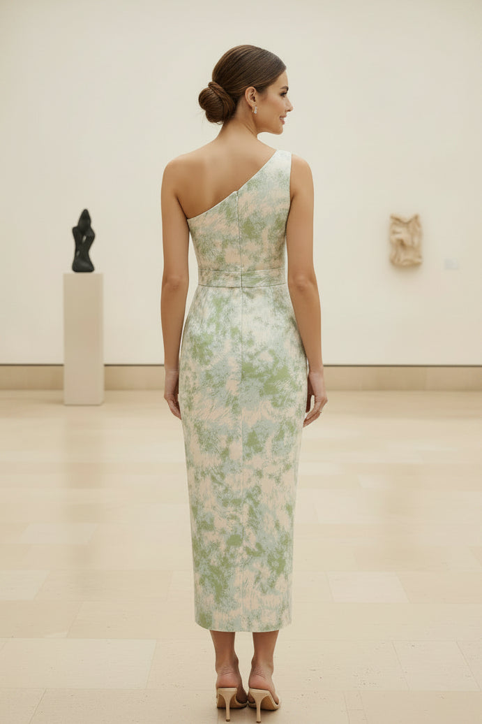 Vestido midi jacquard de un solo hombro con detalle de lazo