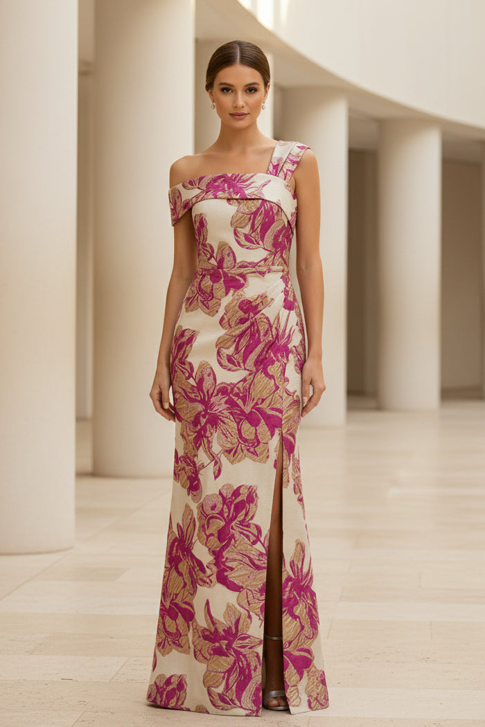 Vestido de noche largo jacquard floral con abertura y un solo hombro