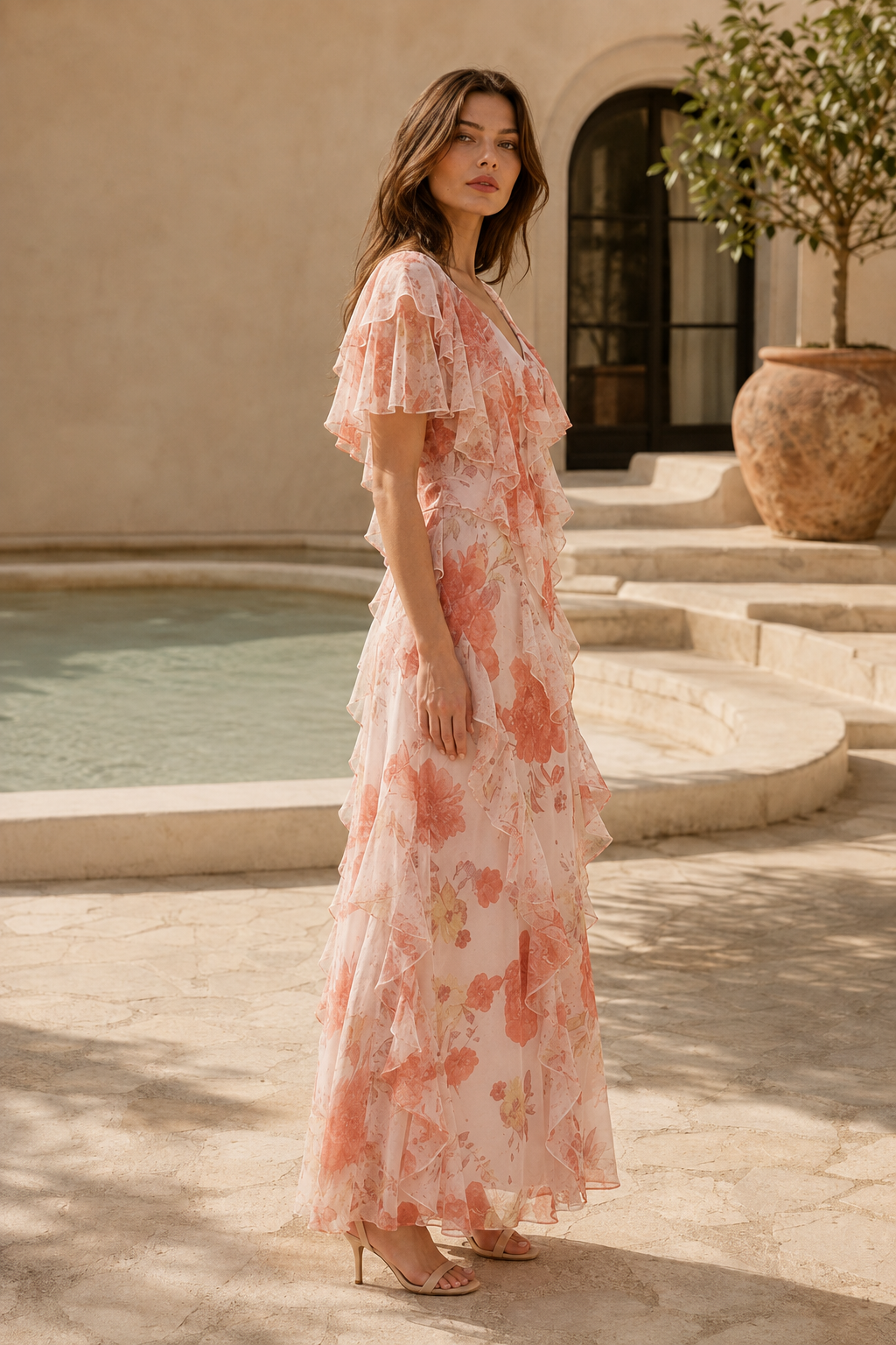Maxivestido con estampado floral, volantes y escote en V