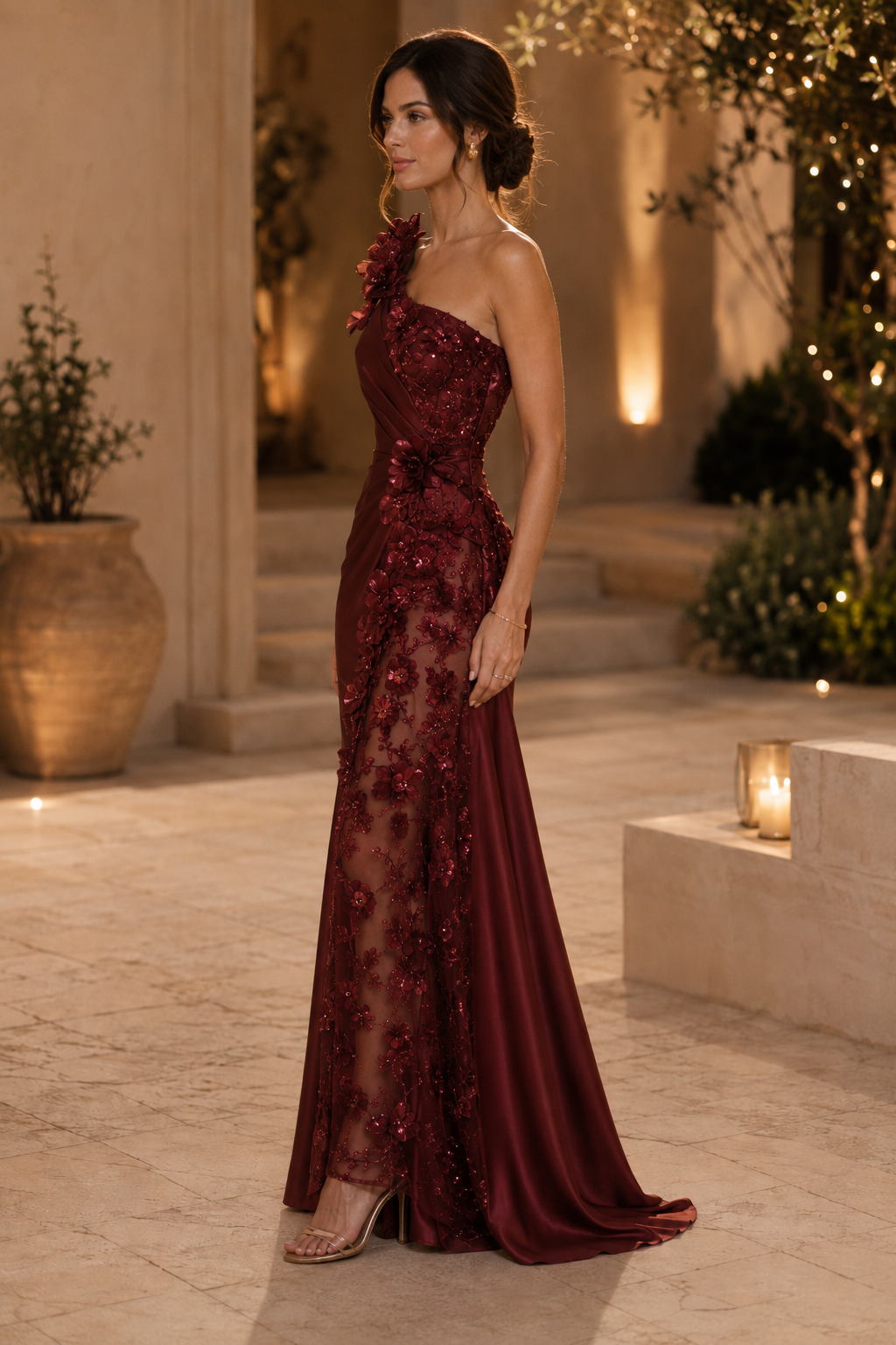 Vestido de satén con apliques florales y un solo hombro