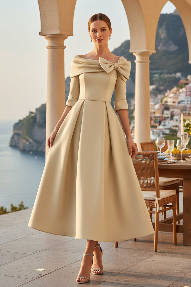 Vestido A-Line de Largo Té con Hombros Descubiertos y Lazo