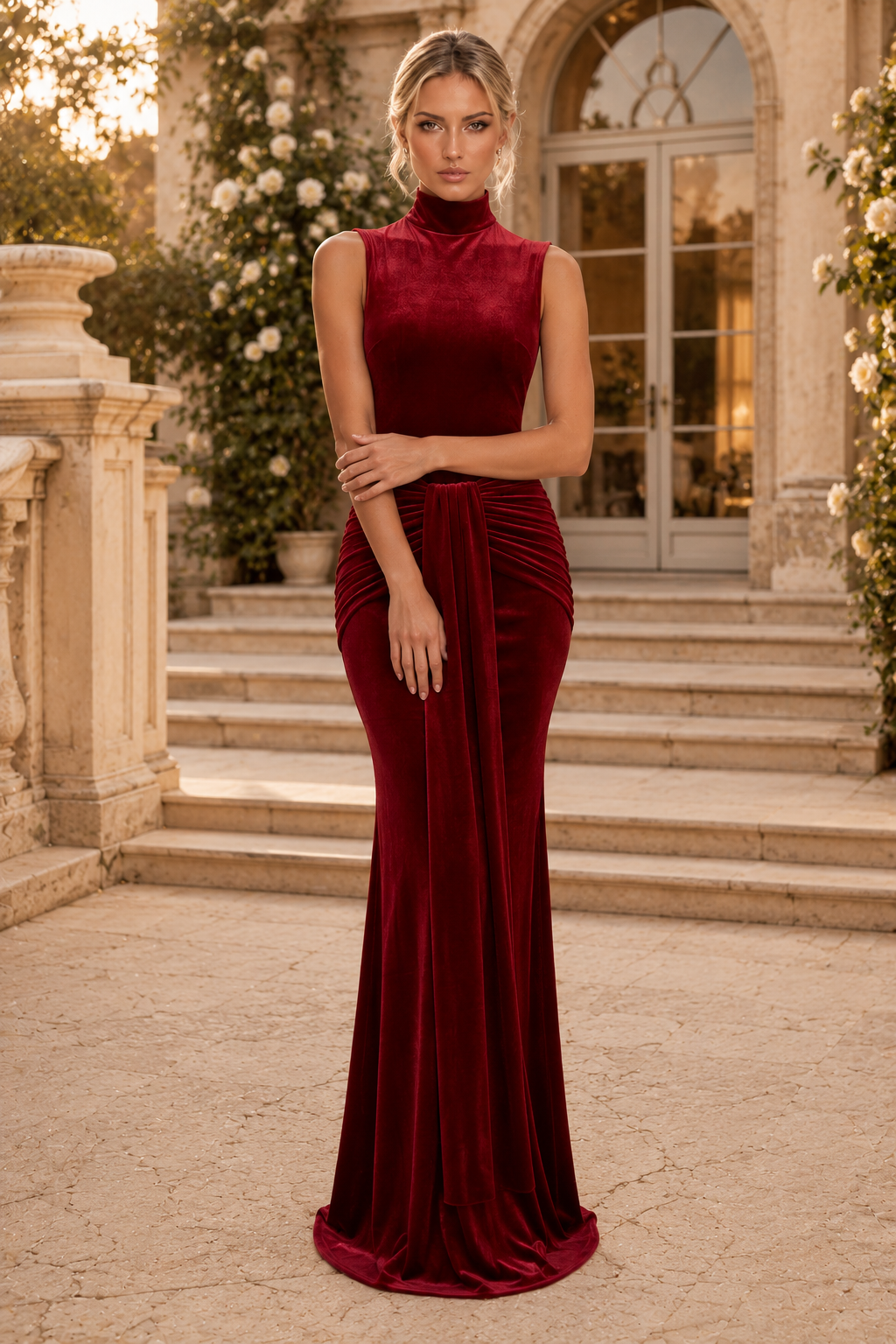 Vestido largo de terciopelo sin mangas con cuello alto y parte delantera drapeada