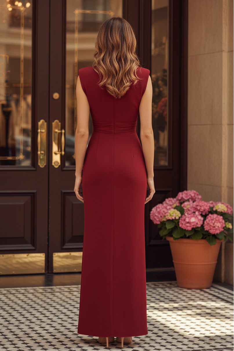 Vestido de noche con escote en V pronunciado, abertura alta y volantes