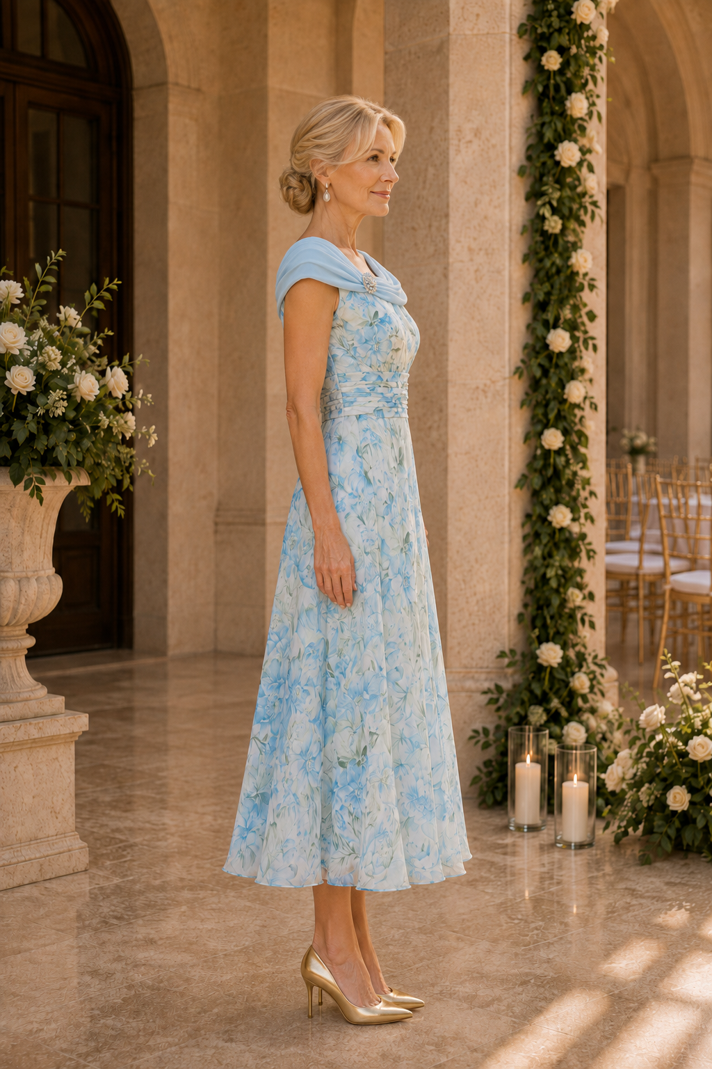 Vestido Floral a Media Pierna con Escote Drapeado