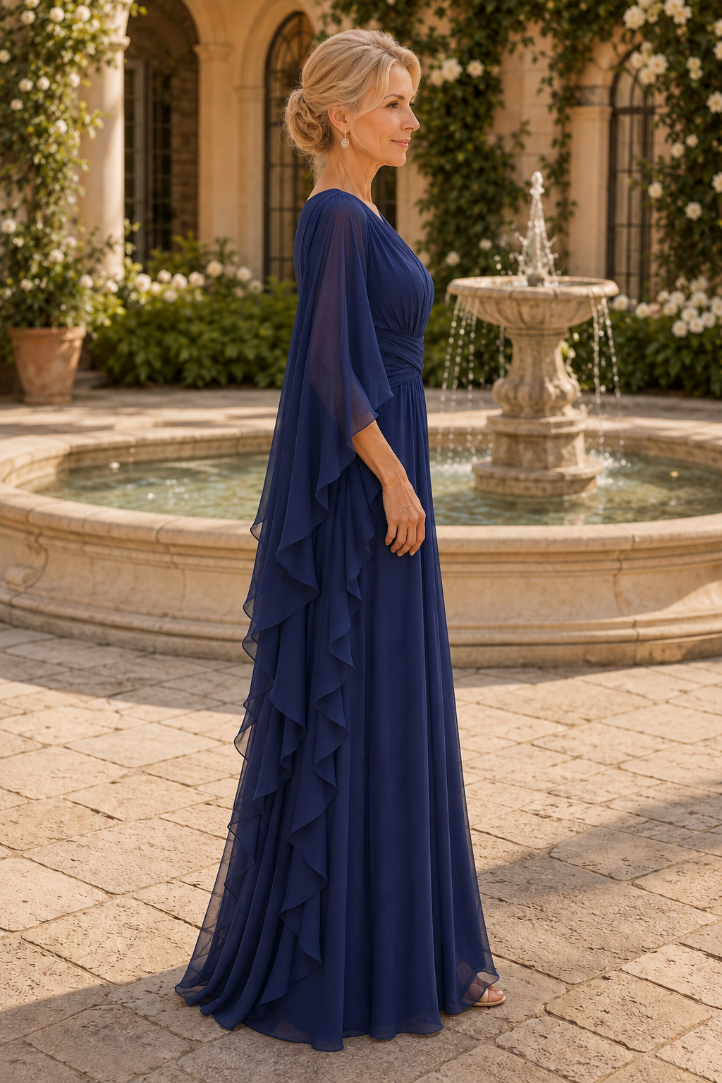 Vestido de gasa estilo A con mangas capeadas con volantes